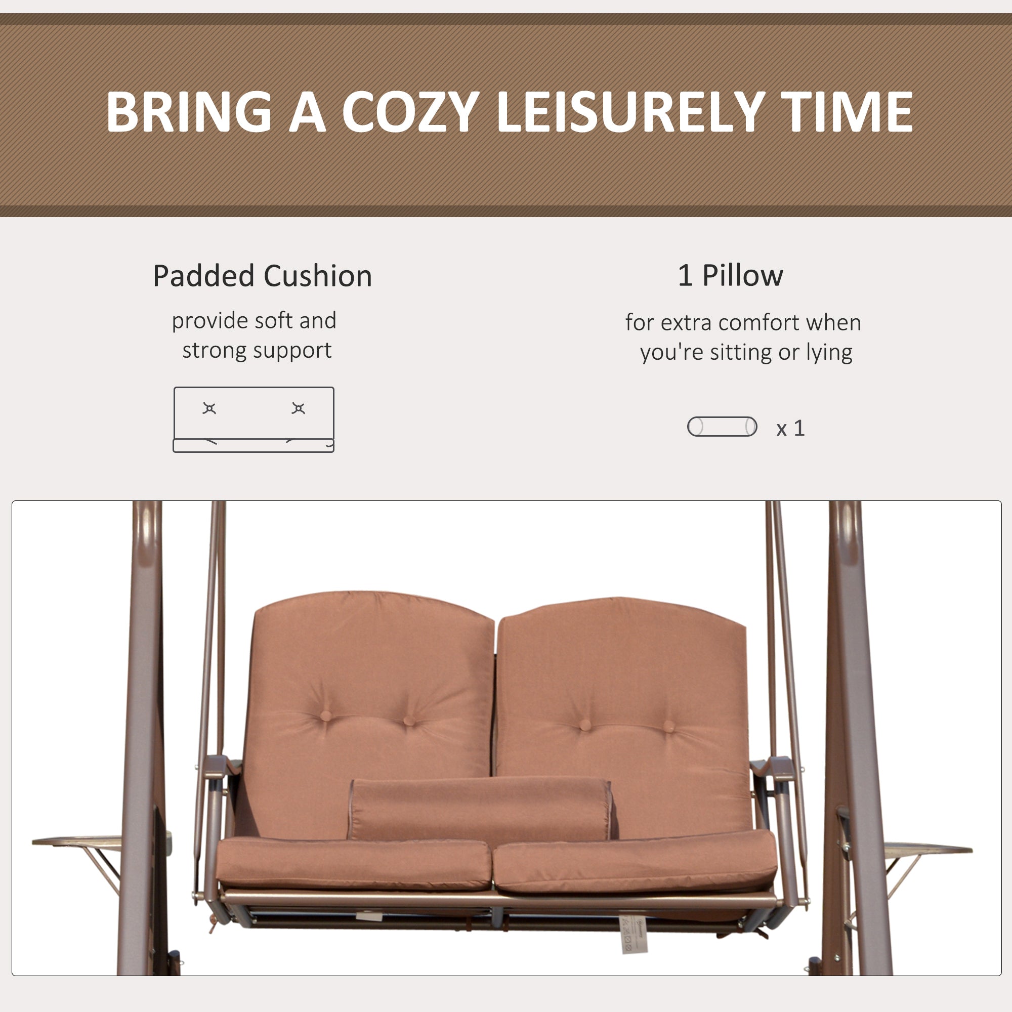 Outsunny Outdoor 2-Person Patio Swing Chair Canopy Adjustable Shade Cushions Pillow Tray Brown