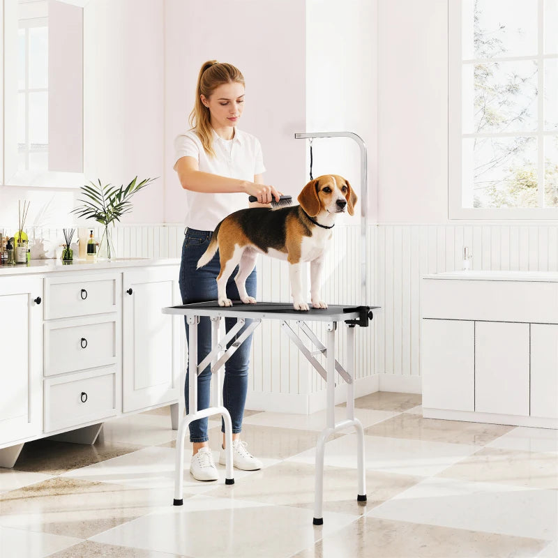 Foldable Pet Grooming Table for Dogs Cats with Adjustable Arm, Non-slip Surface, Black
