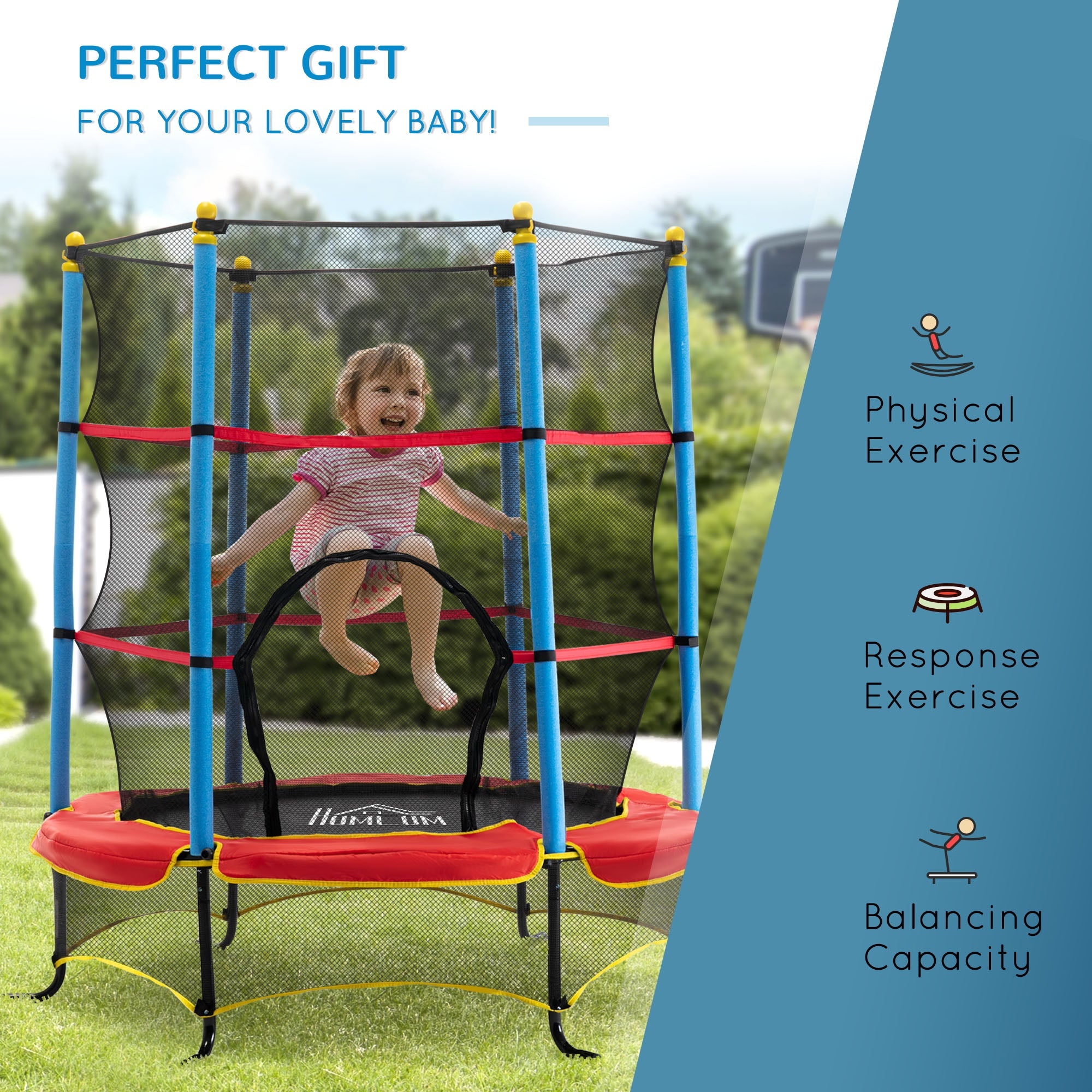 Qaba 65" Kids Mini Trampoline Safety Enclosure Net Zipper Pad Indoor Outdoor Bouncer Exercise Toy 3-6 Years