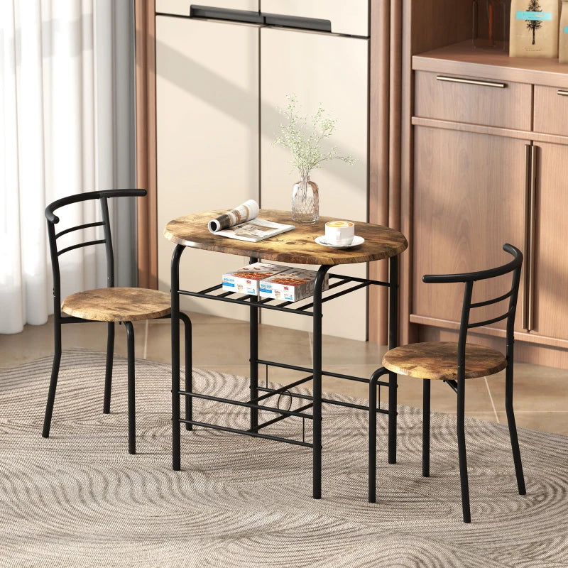 Dining Table Set of 3, Kitchen Table and Chairs Set for 2 with Shelf, Living Room Rustic Brown