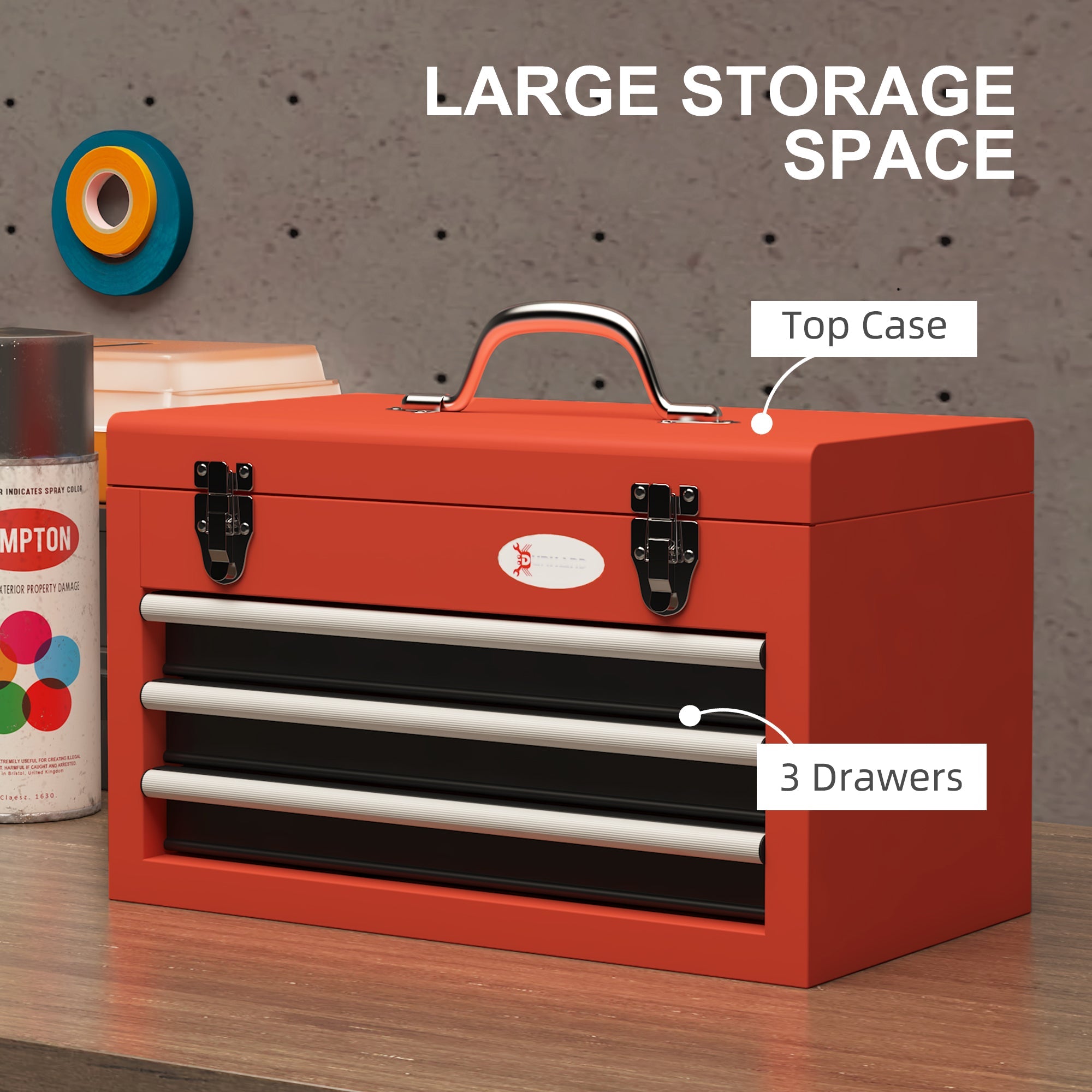 DURHAND Portable Toolbox Perfection: 3 Drawer Tool Chest with Metal Latch for Garage, Household, Warehouse, Red Finish