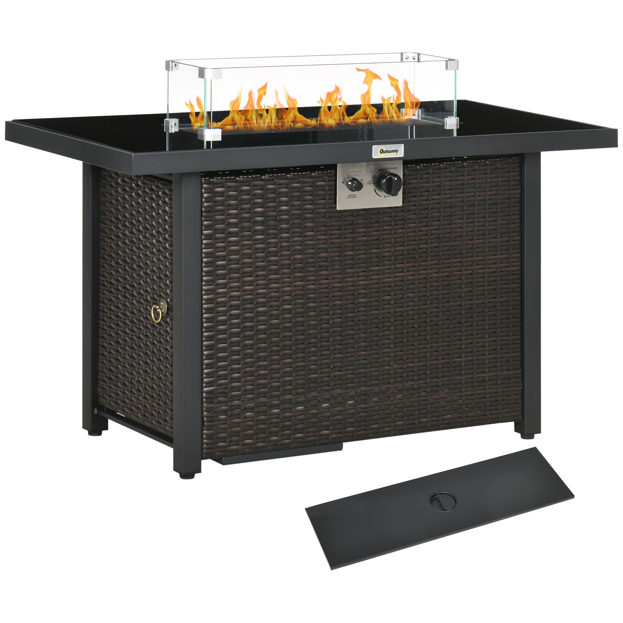 Outsunny Propane Fire Pit Table 43 Inch 50000 BTU Pulse-Ignition Wicker with Glass Wind Guard Blue
