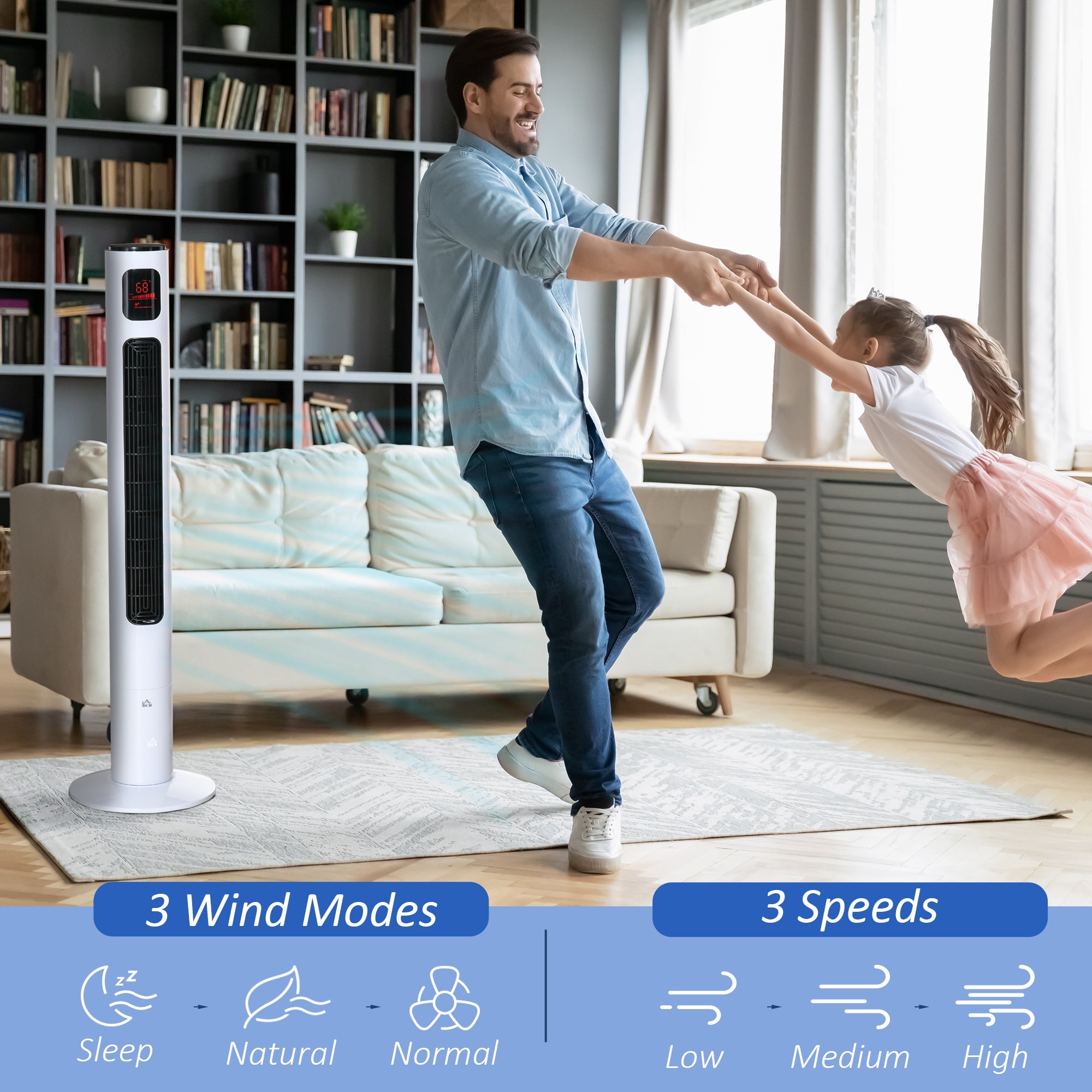 HOMCOM Oscillating Tower Fan Standup Cooling 3 Speed 12h Timer LED Remote White for Efficient Air Circulation