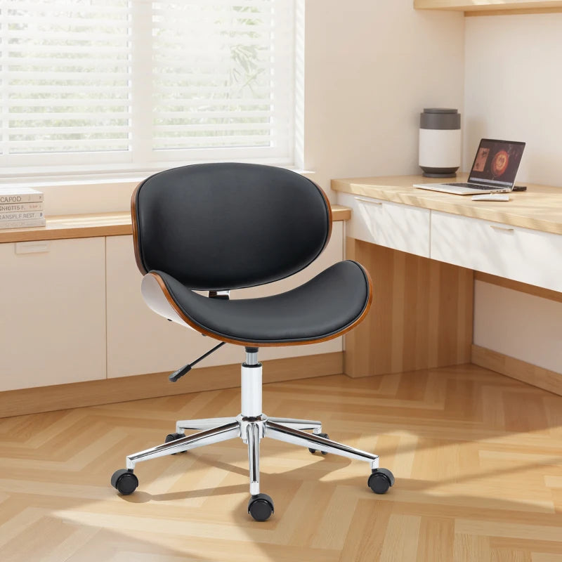 Office Chair, Faux Leather and Bentwood Computer Desk Chair with 360 Degree Swivel Wheels, Adjustable Height and Curved Seat, Black