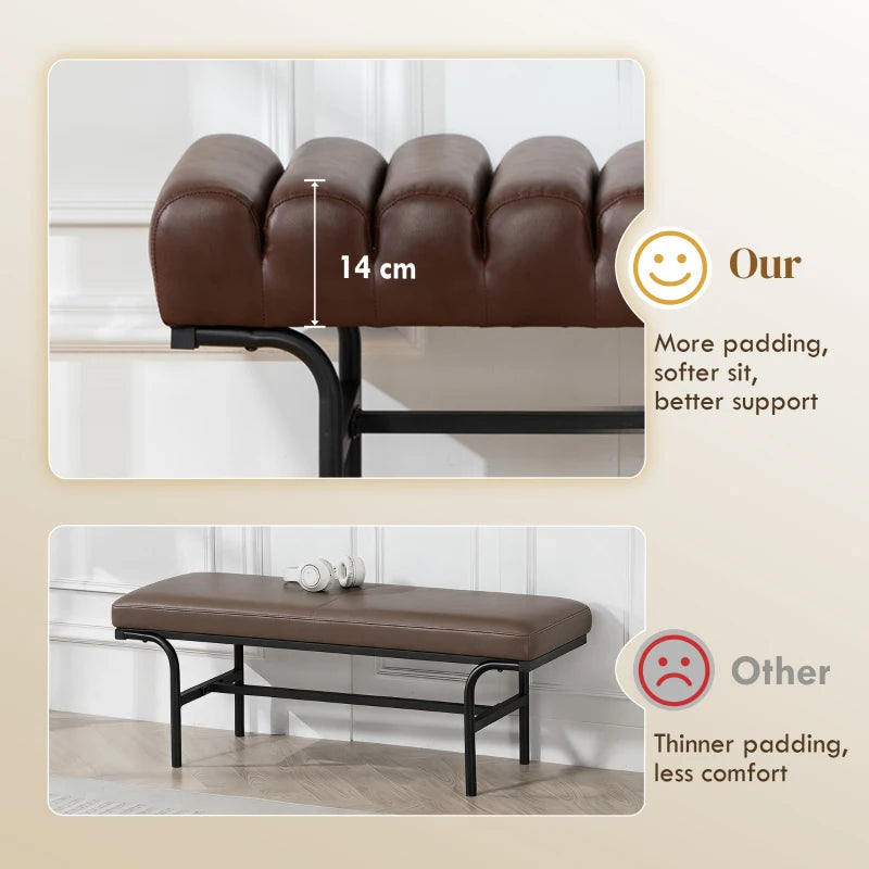 Bedroom Bench PU Leather End of Bed Bench with Cylindrical Seat and Metal Legs for Bedroom Living Room Hallway Brown