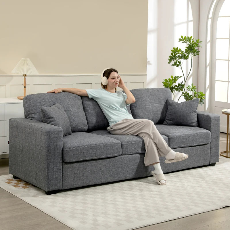 Modern Upholstered Couch, 3 Seater Sofa with Thick Spring Cushions and Deep Seat for Living Room, Dark Grey