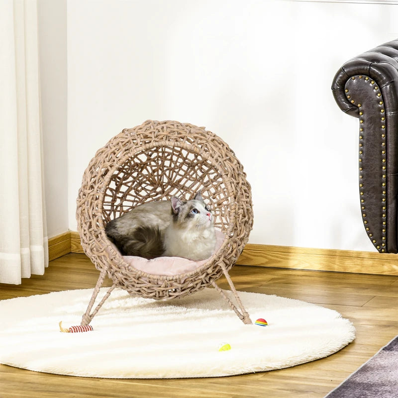 Rattan Cat House with Cushion, Elevated Wicker Kitten Bed for Indoor Cats, Natural Wood