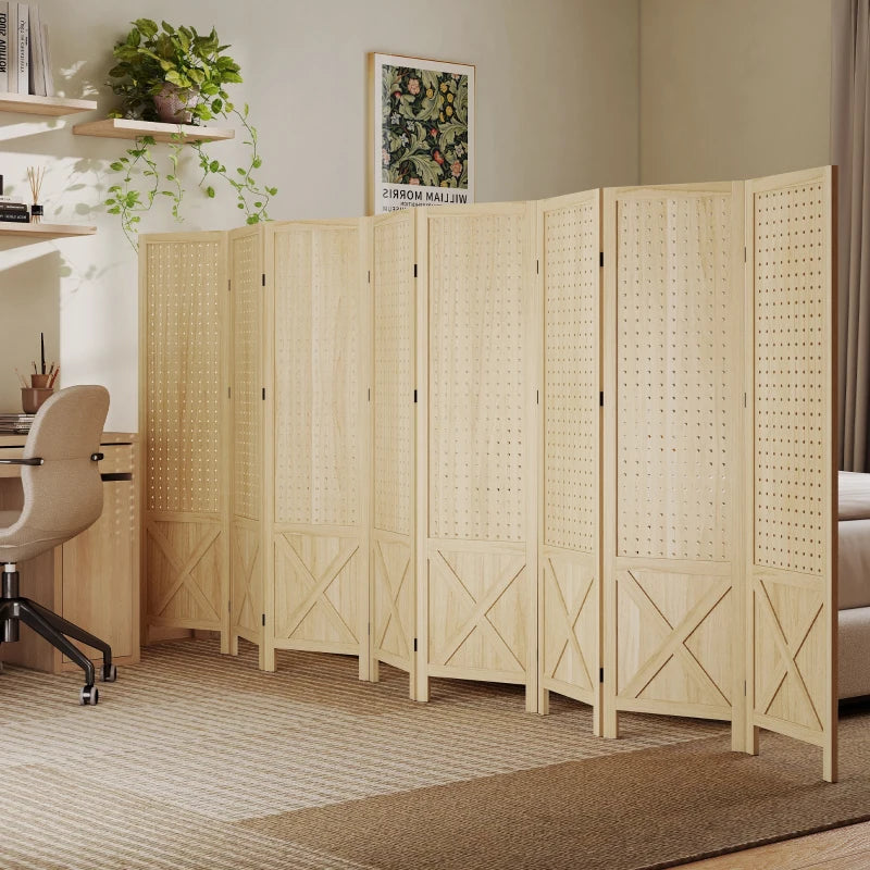 Wooden Room Divider with Pegboard Display, 8 Panel Folding Privacy Screen for Home Office, Natural Wood
