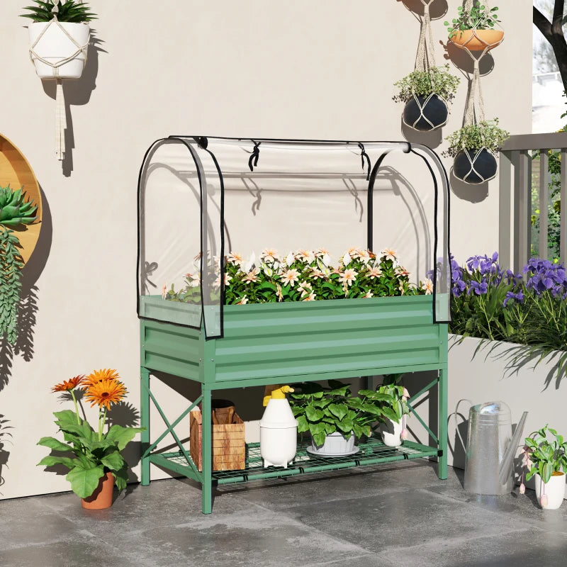 Raised Garden Bed with Cover, Metal Elevated Planter Box with Bottom Shelf and Liner, Green