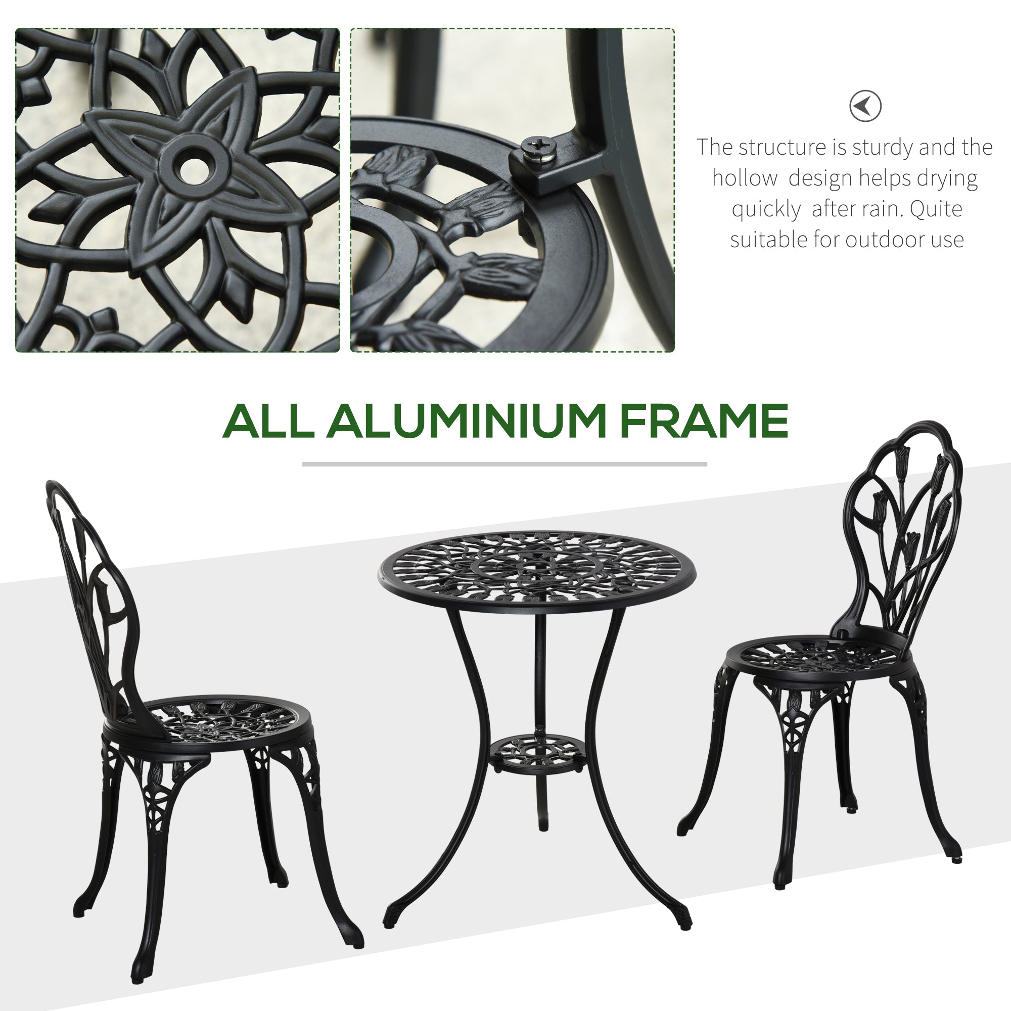 Outsunny Patio Bistro Set 3pc Cast Aluminum Outdoor Furniture with Umbrella Hole Garden Table & Chairs Black