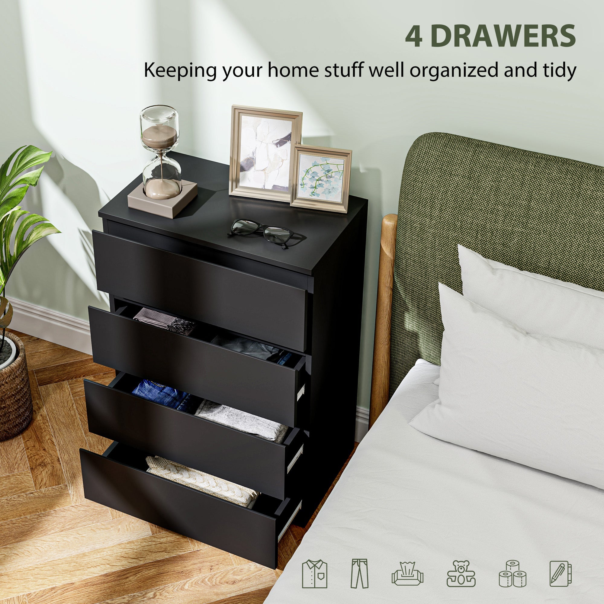 HOMCOM 4-Drawer Storage Tower: Freestanding Cabinet for Bedroom, Living Room Organization, Sleek Black Finish
