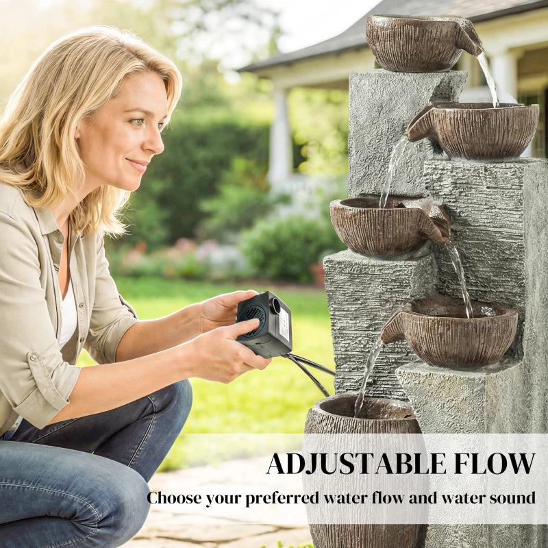 Outdoor Cascading Rock Water Fountain, 5-Tier Waterfall Feature with LED Lights, Adjustable Flow, Grey and Rustic Brown