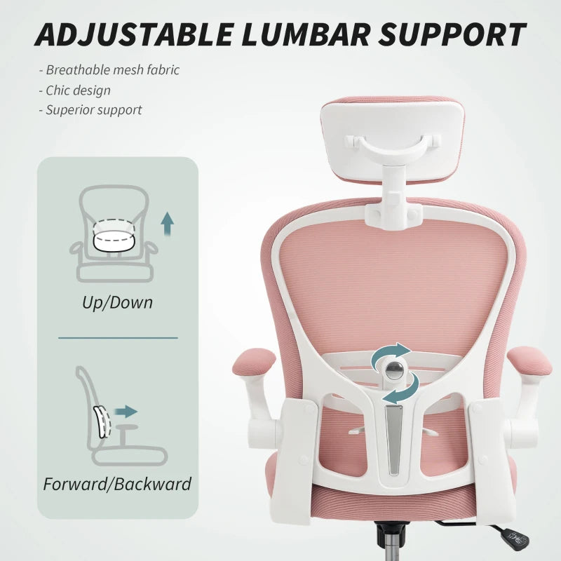 Office Chair, Mesh Computer Desk Chair with Adjustable Headrest, 4D Lumbar Support, Flip-up Arm, Pink