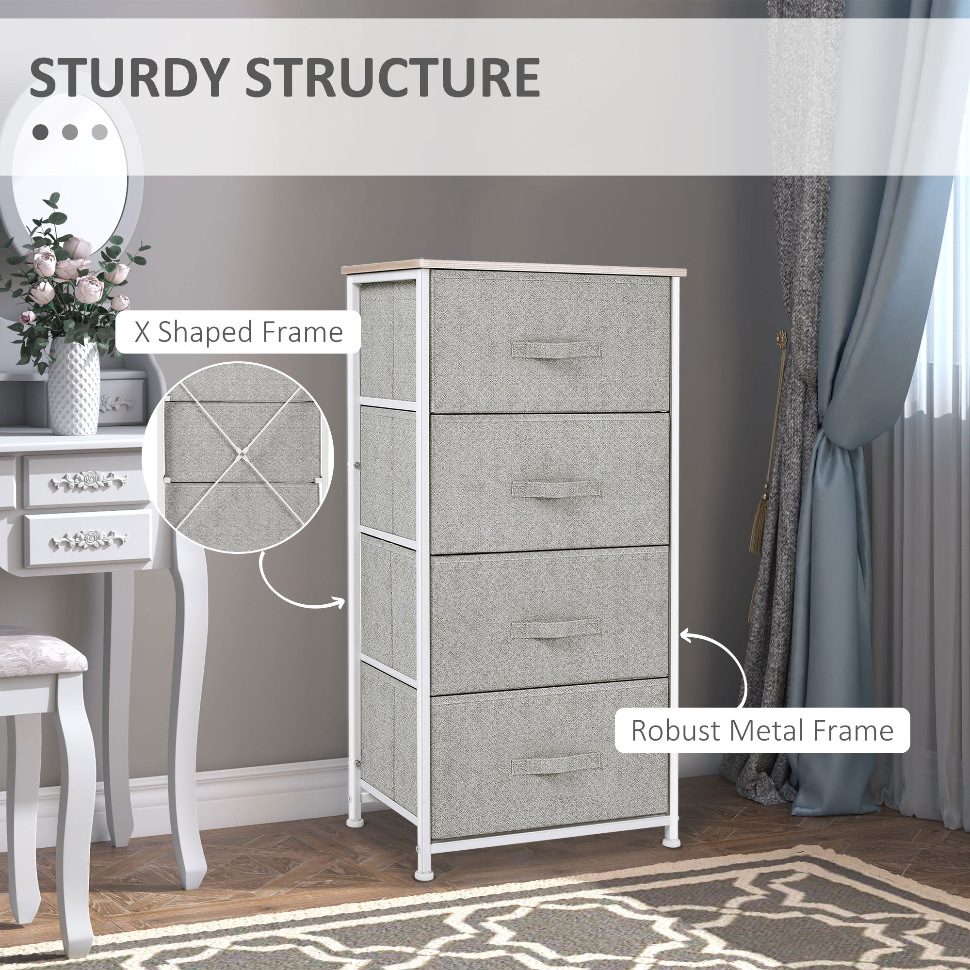 HOMCOM Linen Fabric Storage Solution: Drawer Cabinet Organizer with 4 Removable Drawers and Metal Frame for Living Room, Kitchen, Grey