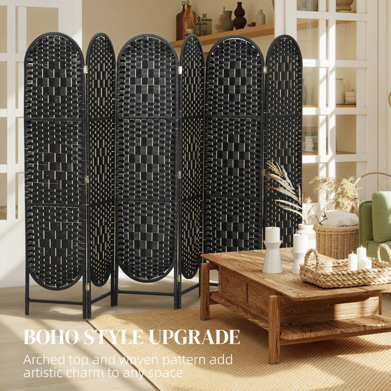 Bohemian Privacy Screen, Folding Room Divider with 6 Panels and Arched Top for Bedroom Living Room Office, Black