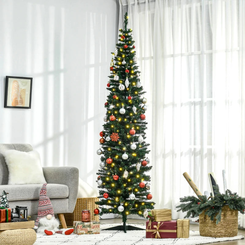 HOMCOM 7' Tall Pre-Lit Slim Noble Fir Artificial Pencil Christmas Tree with 200 Warm White LED Lights and 499 Tips, Green