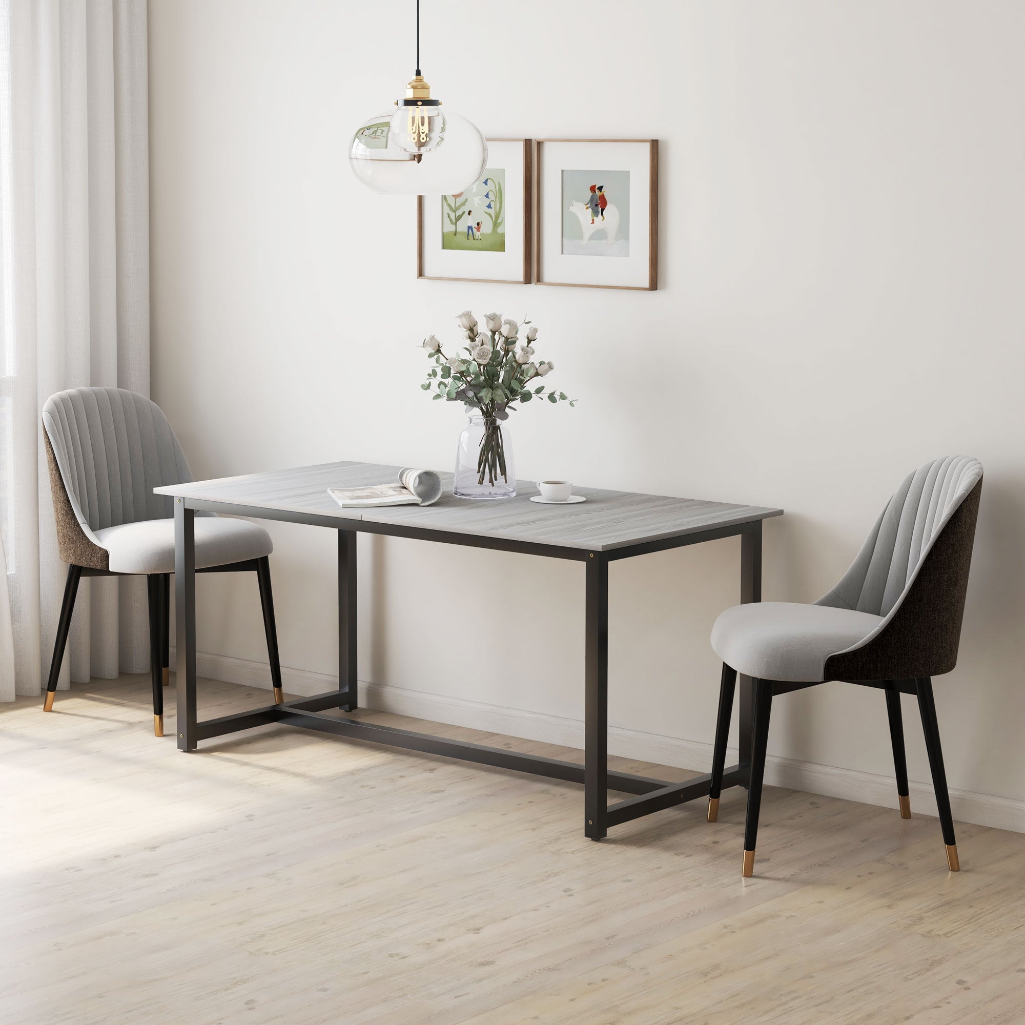 HOMCOM 63"-79" Collapsible Dining Table for 2-4, Foldable Kitchen Table with Steel Frame for Dining Room, Grey Wood Grain