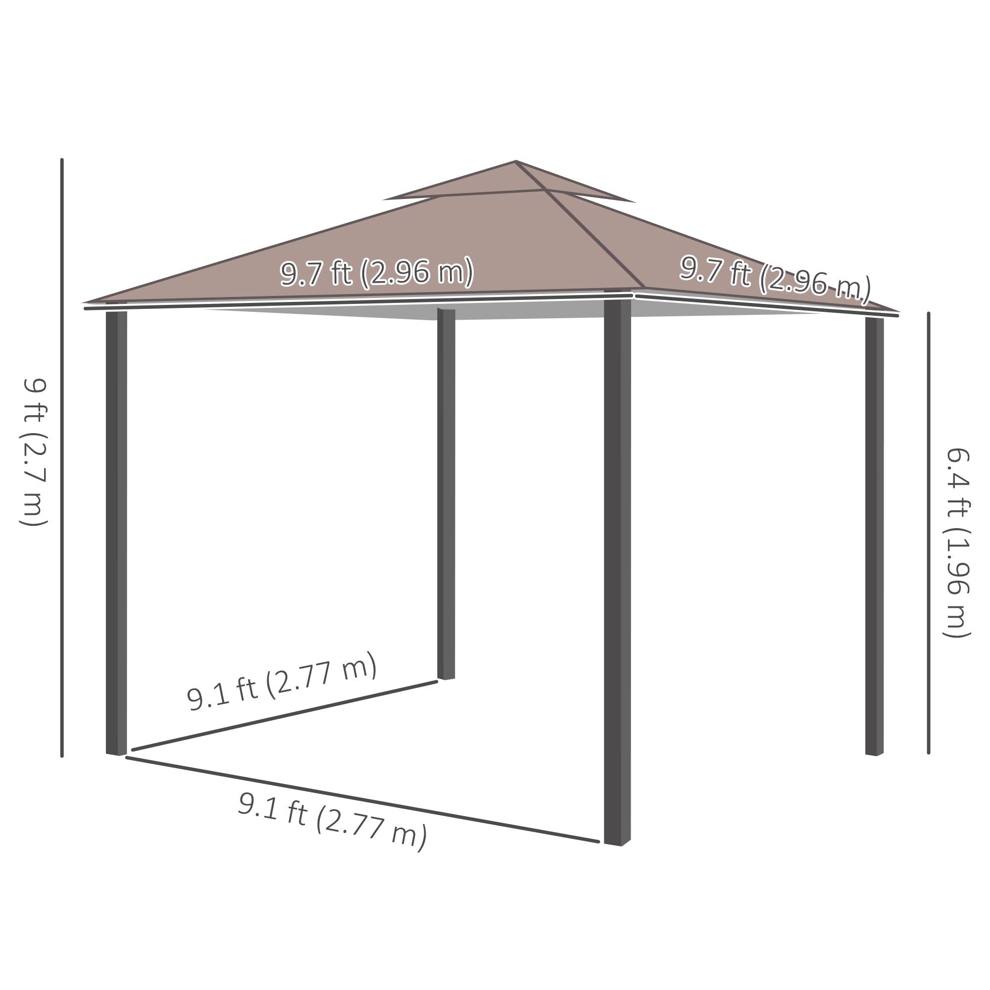 Outsunny 10' x 10' Outdoor Patio Gazebo Double Soft-top Garden Shelter Tent with Curtains, & Mesh Screen Drapes, Brown