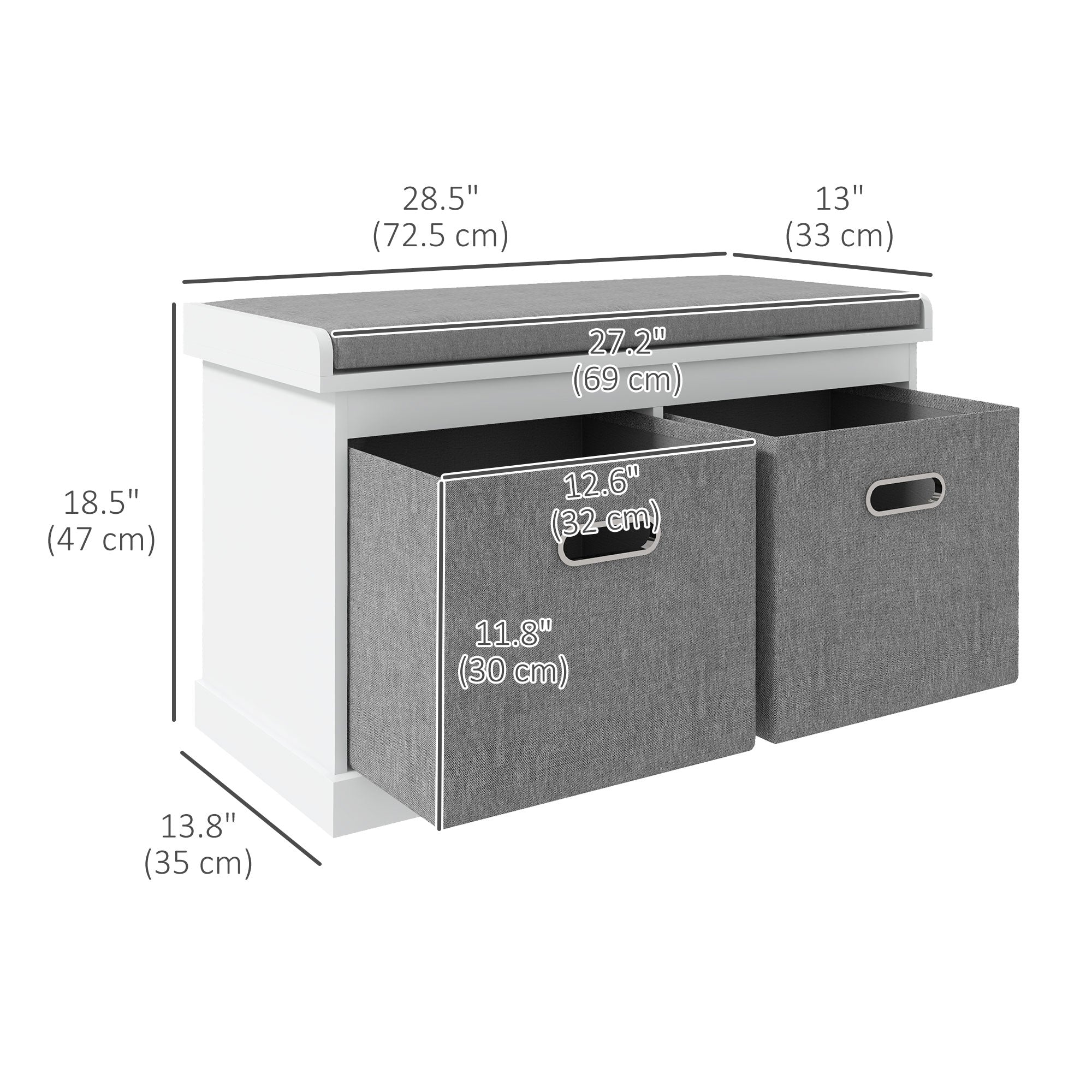 HOMCOM Shoe Storage Entryway Bench Seat with Cushion 2 Fabric Drawers for Hallway White