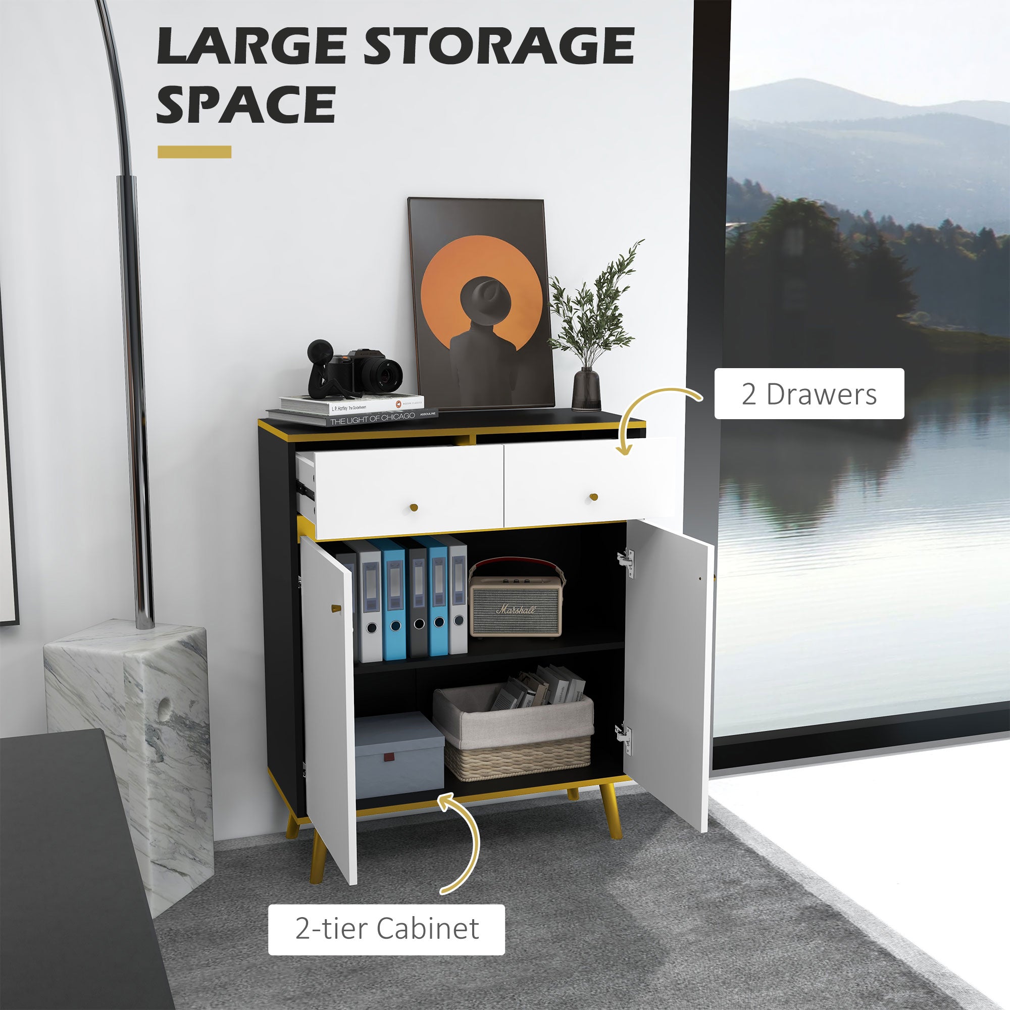 HOMCOM Modern Accent Allure: Buffet Sideboard with Glossy Doors, Drawers, Pine Legs for Living Room, White Finish
