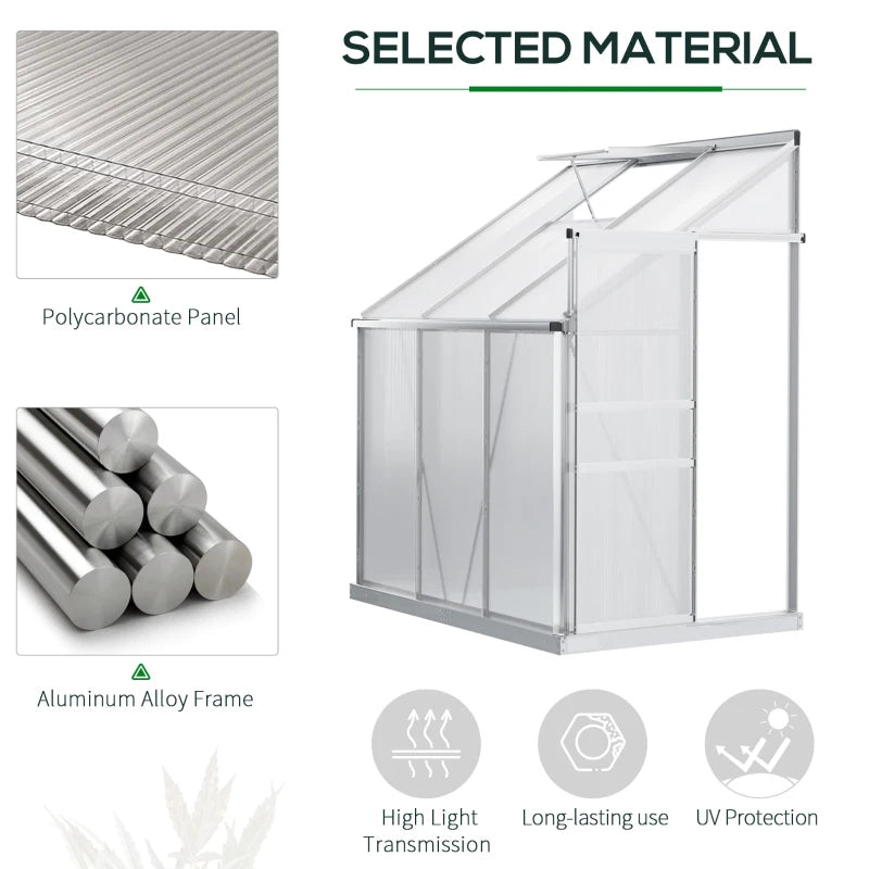 6' x 4' Aluminum Lean-to Greenhouse Polycarbonate Walk-in Garden Greenhouse with Adjustable Roof Vent, Rain Gutter and Sliding Door for Winter, Clear