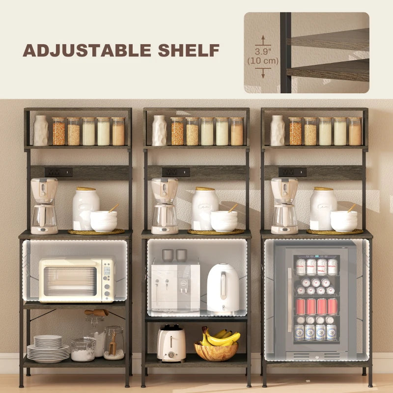 Baker's Rack with Charing Station, Microwave Shelf with Power Outlet, USB Charger and 5 Hooks, Distressed Grey