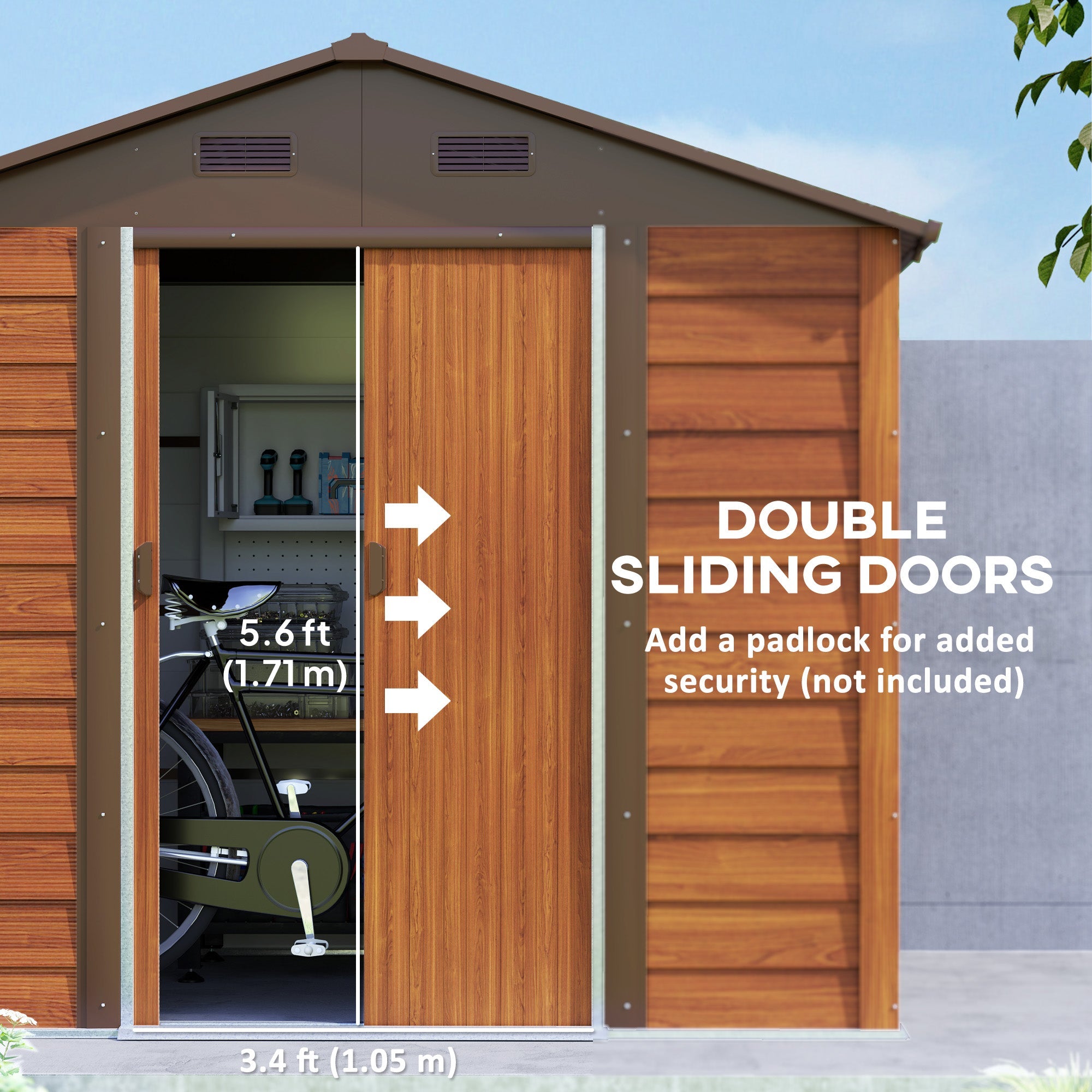 Outsunny 7.7' x 6.5' Outdoor Metal Garden Shed House Hut Gardening Tool Storage with Ventilation, Dark Brown with Wood Grain