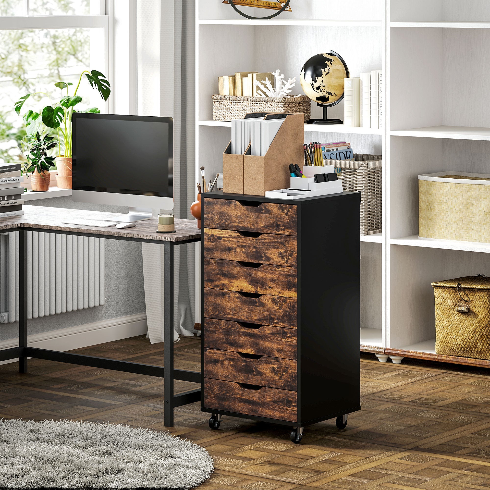 Vinsetto 7-drawer Vertical File Cabinet for Home Office, Storage Cabinet with Wheels, 18.7"x15.6"x35.4", Rustic Brown