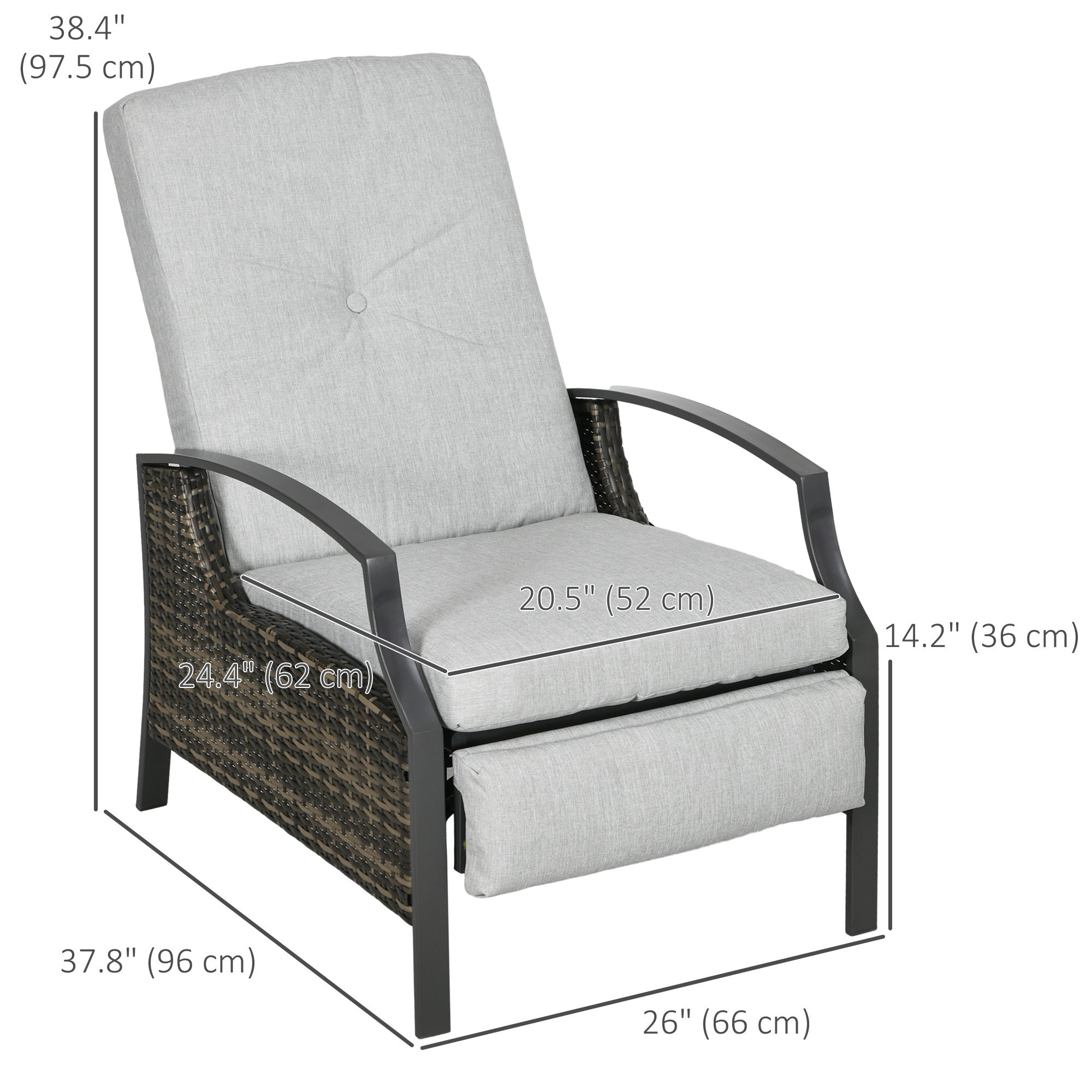 Outsunny Rattan Recliner Chair for Outside Wicker Reclining Chair with Adjustable Back Retractable Footrest Cushion Light Grey