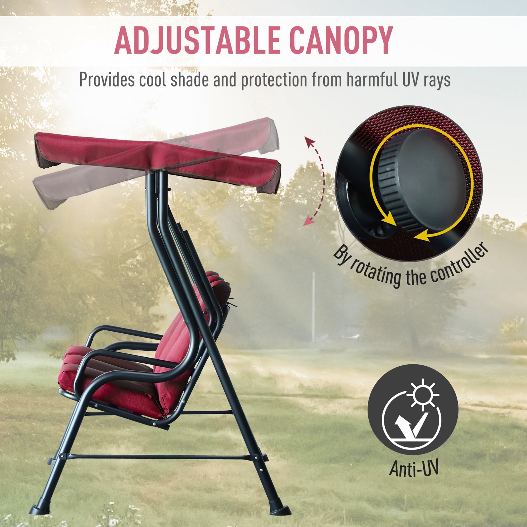 Outsunny Porch Swing Chair 3-Person Outdoor Metal Garden Swing with Canopy Stand Durable Wine Red