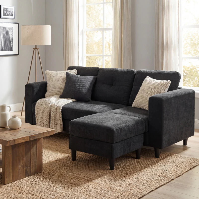 Sectional Sofa, L Shaped Corner Sofa with Changeable Chaise, High-density Foam Padding Seat, Linen Fabric, Wooden Legs, Black