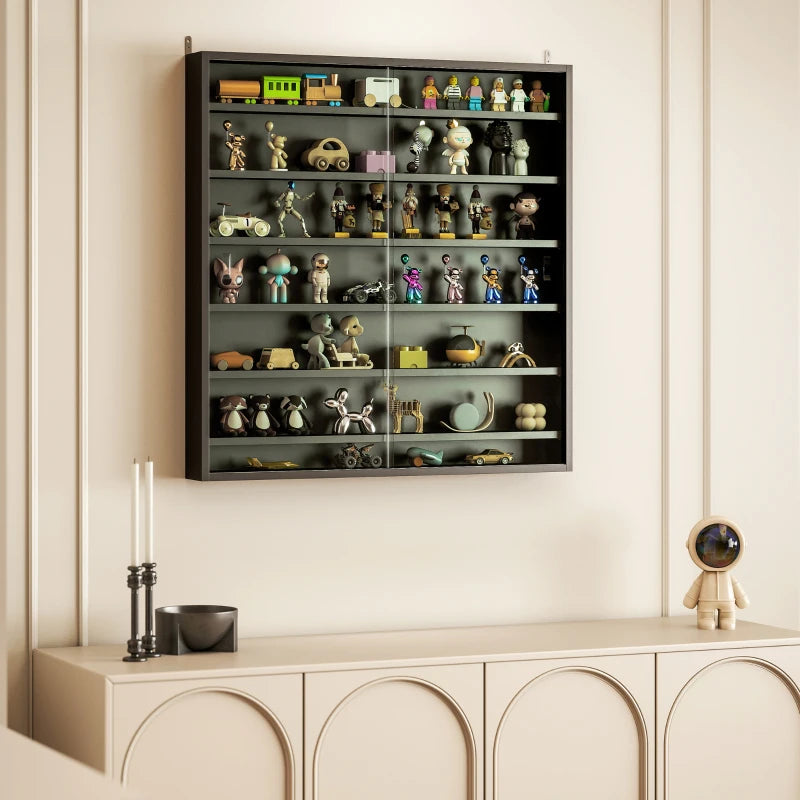 7-Tier Display Cabinet, Shot Glass Display Case, Glass Curio Cabinet with 2 Glass Doors and 6 Adjustable Shelves, Black