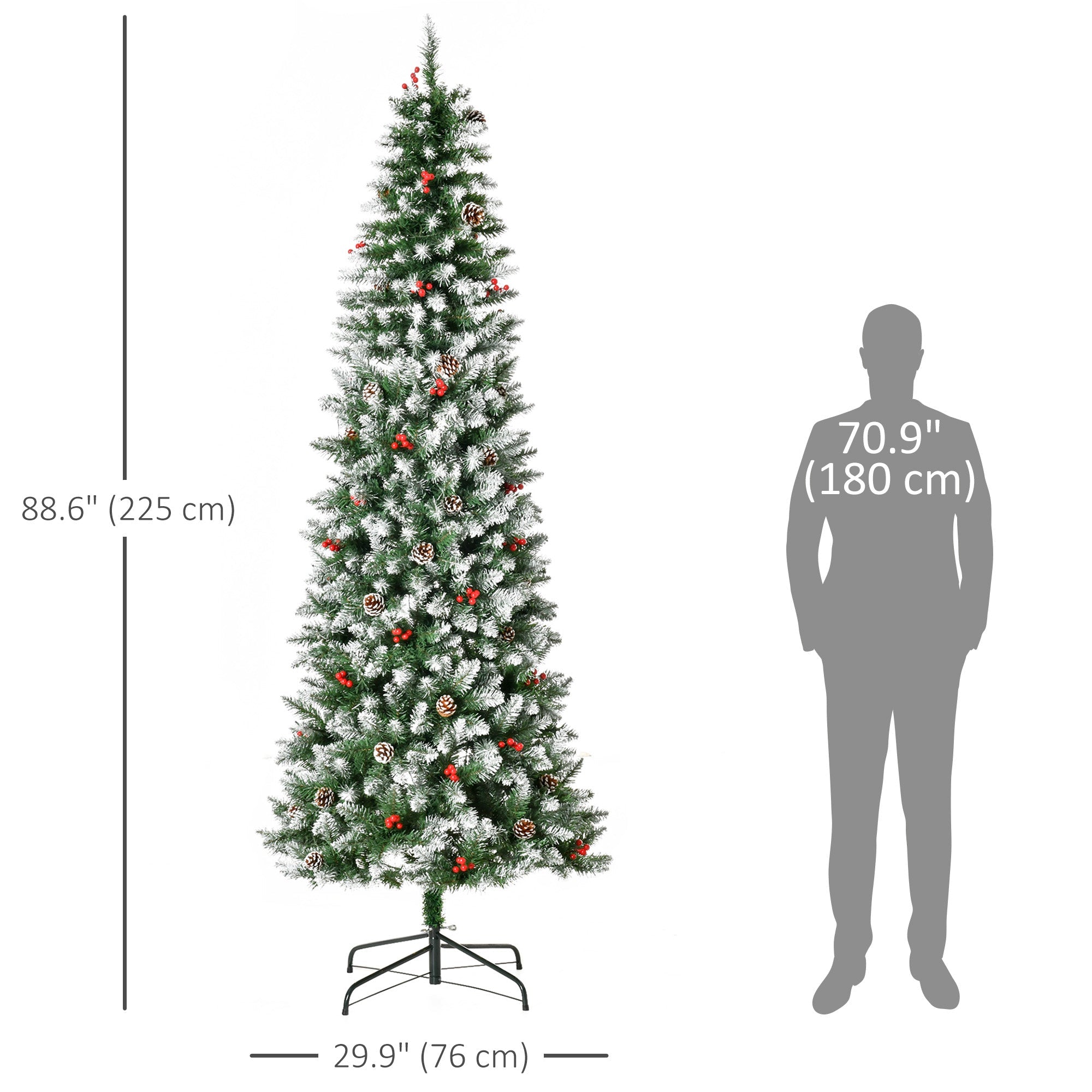HOMCOM 7.5 ft Snow-Dipped Pencil Christmas Tree Pre-Lit Holiday Decoration with LED Lights Pine Cones Red Berries Green