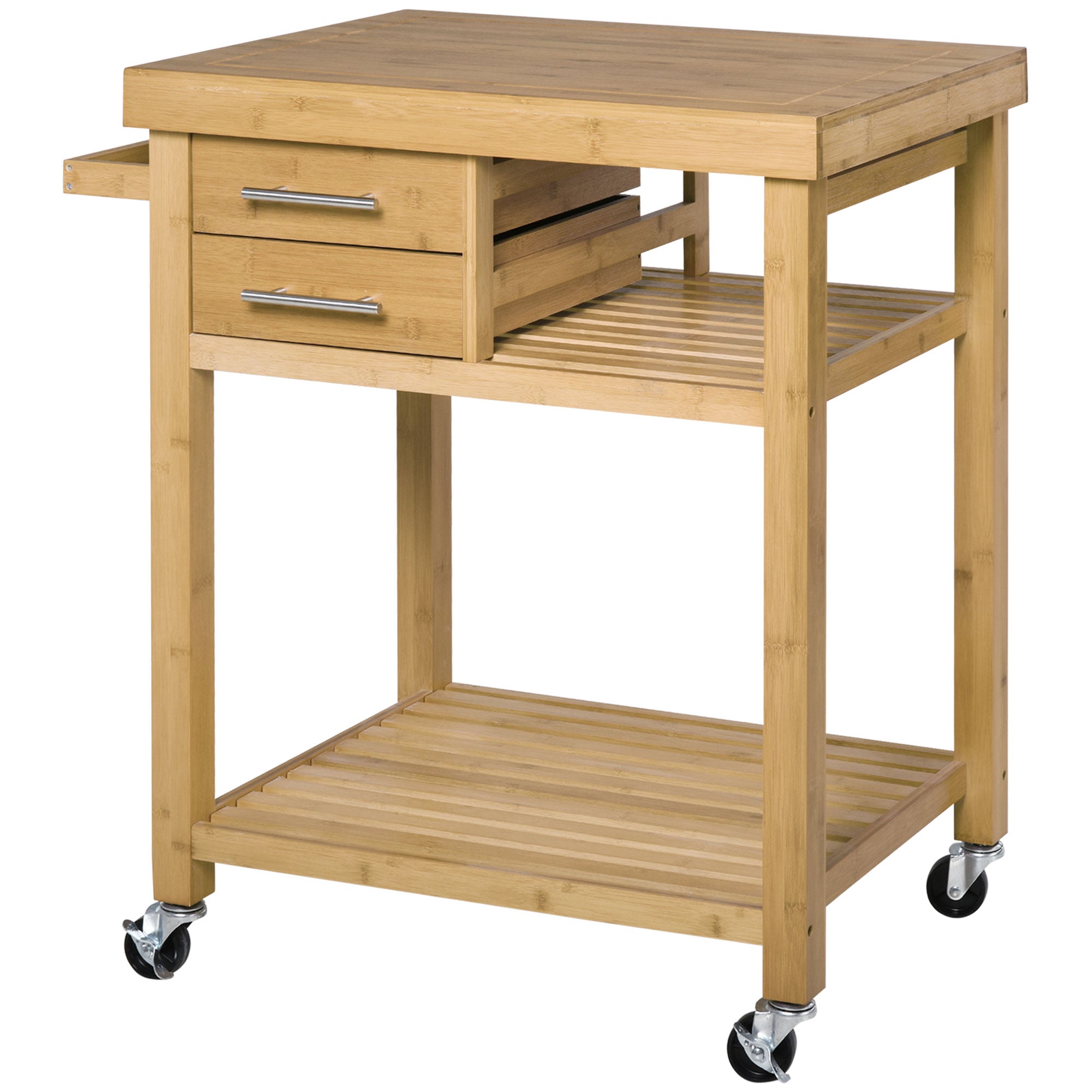 HOMCOM Bamboo Bounty: Kitchen Island Trolley Rolling Utility Cart with Wheels, Drawers, Shelves for Living Room