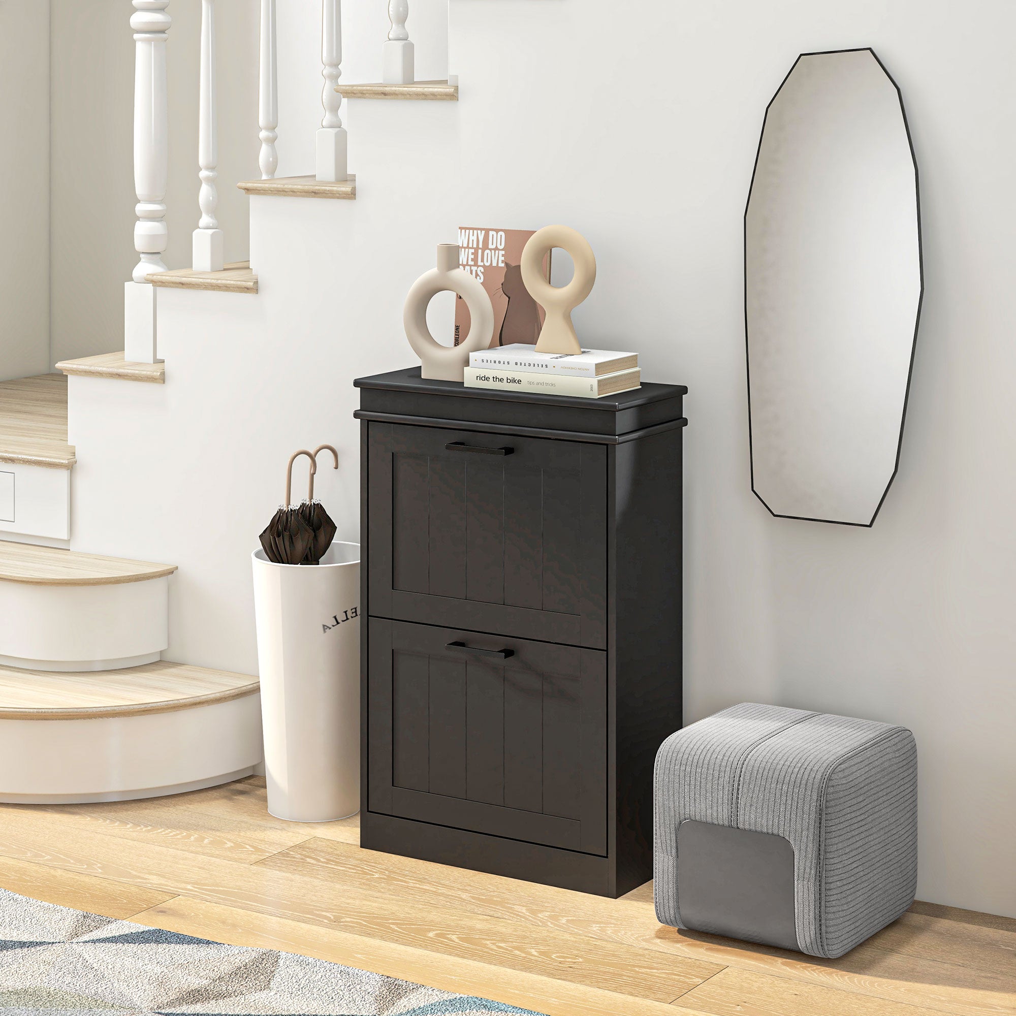HOMCOM Compact Shoe Haven: 2 Flip Drawer Cabinet with Adjustable Shelves for 10 Pairs of Shoes, Black Finish