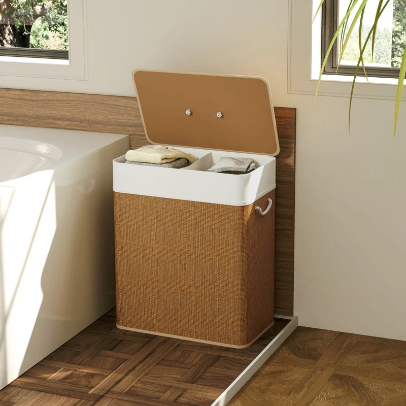 Double Laundry Basket with Lid, 100L Bamboo Laundry Hamper with Rope Handles and Removable Bags, Brown