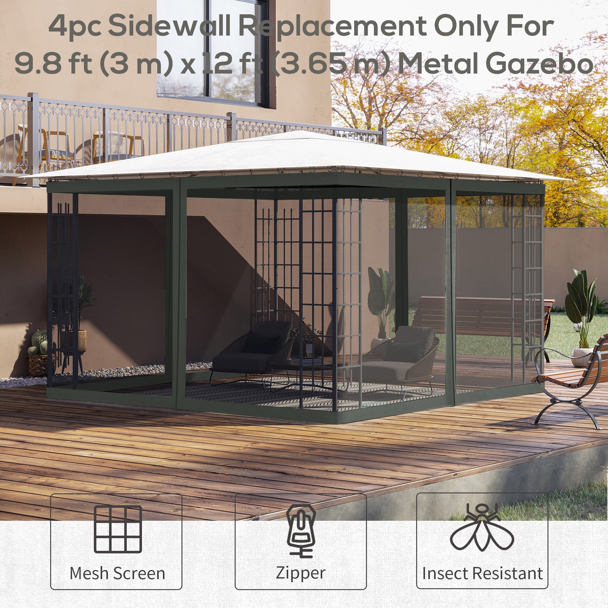 Outsunny Replacement Mosquito Netting for Gazebo 10' x 12' Black Screen Walls for Canopy with Zippers
