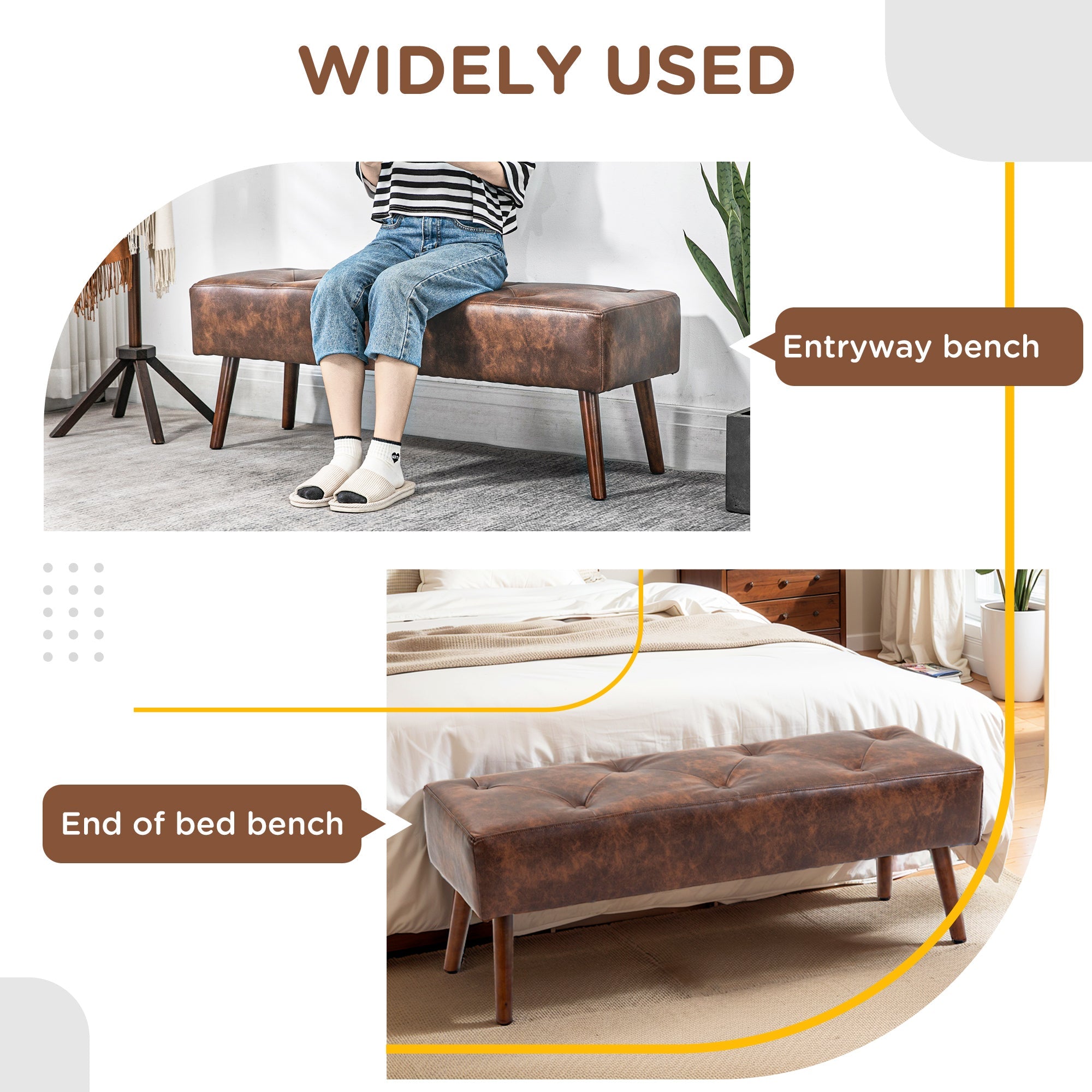HOMCOM Luxurious Bedroom Bench End of Bed Bench Button Tufted PU Leather Wood Legs Entryway Furniture Brown