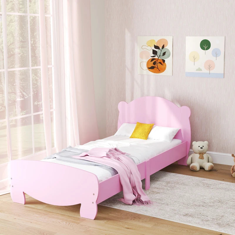Qaba Twin Bed Frame with Bear Shaped Headboard & Footboard, Slats Support, No Box Spring Needed, for Boys, Girls, Pink
