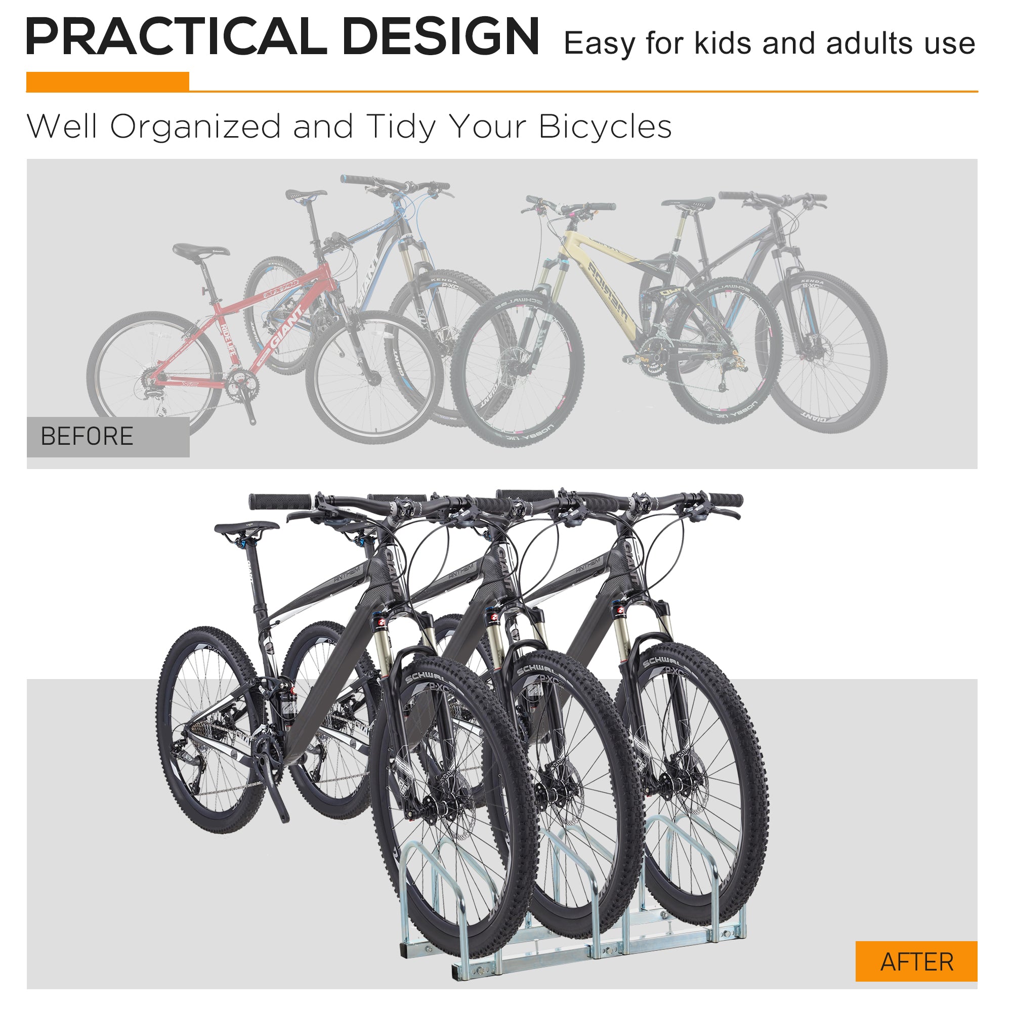 Soozier Cycle Park Elite Rack: 3-Bike Floor Parking Rack, Bicycle Storage Stand for Garage Organizer Silver