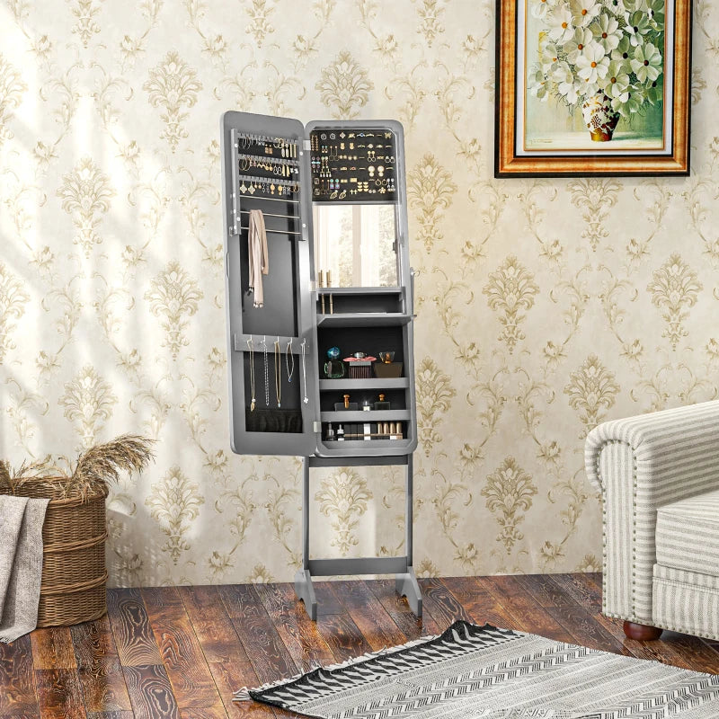 Standing Mirror Jewelry Cabinet, Jewelry Storage Cabinet with LED Lights and Angle Adjustable Full Length Mirror, Grey