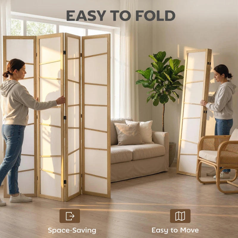 66.9" Folding Room Divider, 4 Panel Wall Partition with Wood Frame for Bedroom, Home Office, Natural Wood