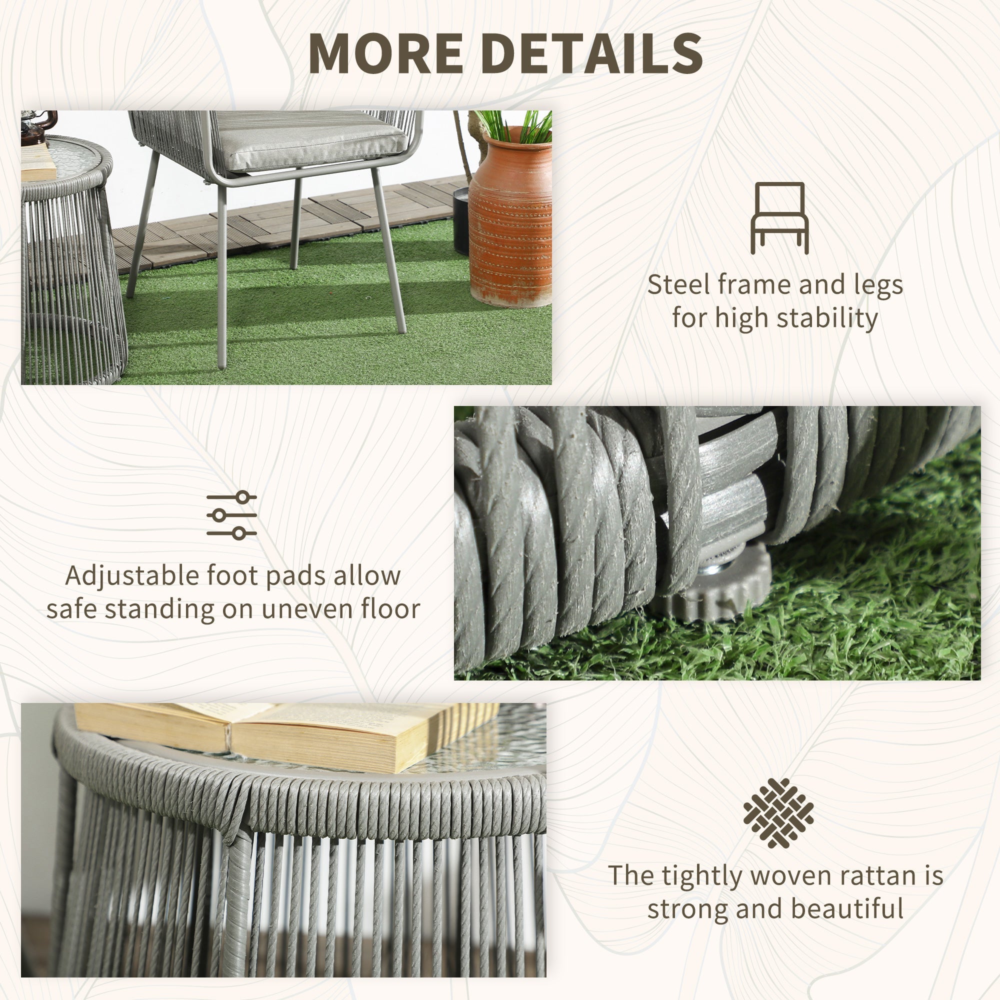 Outsunny 3 Piece Outdoor Patio Bistro Set, Wicker Rattan Furniture with Metal Legs for Garden, Backyard, Light Grey