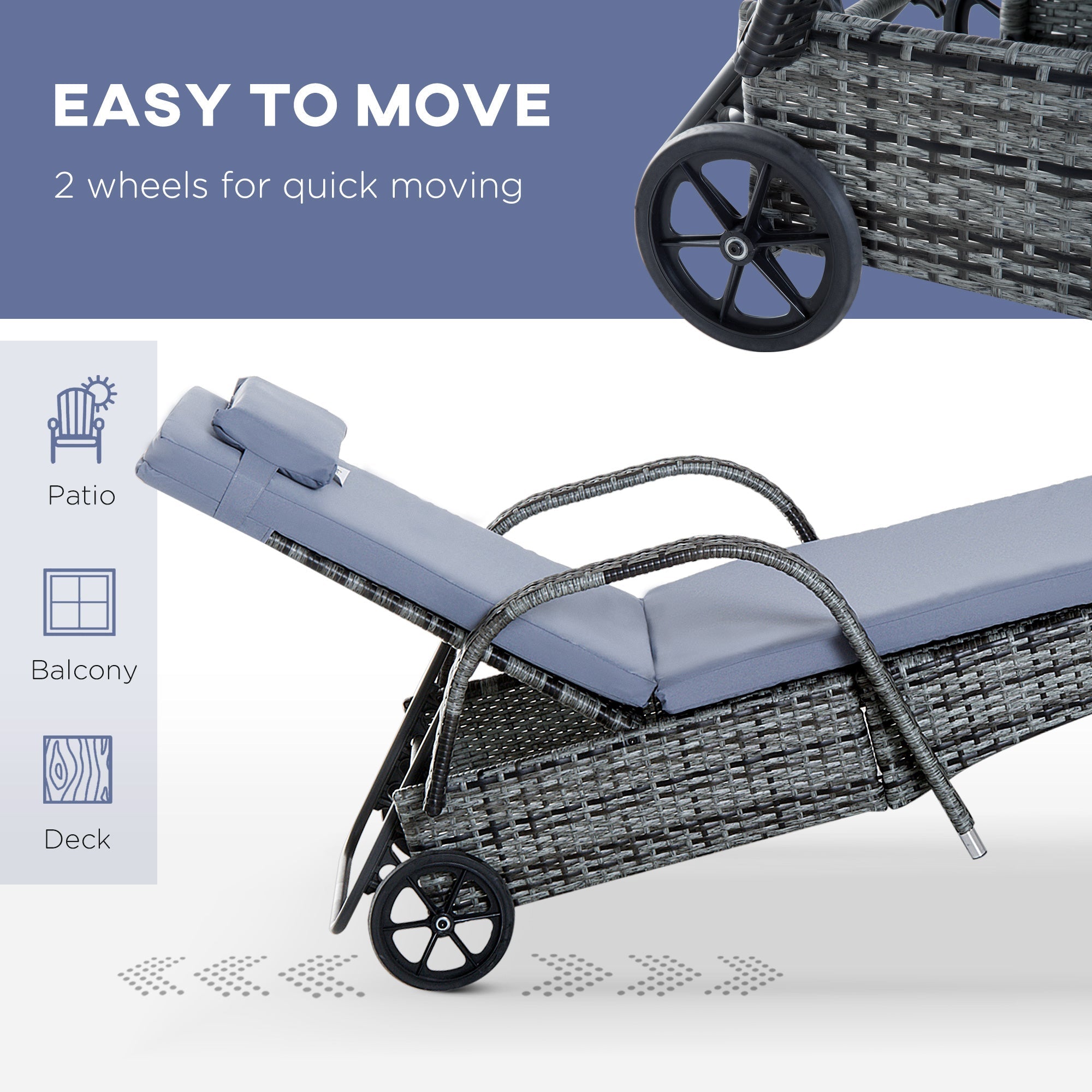 Outsunny 3 Pieces Patio Rattan Chaise Lounge Set, Outdoor PE Wicker Reclining Lounger Furniture Set, Grey