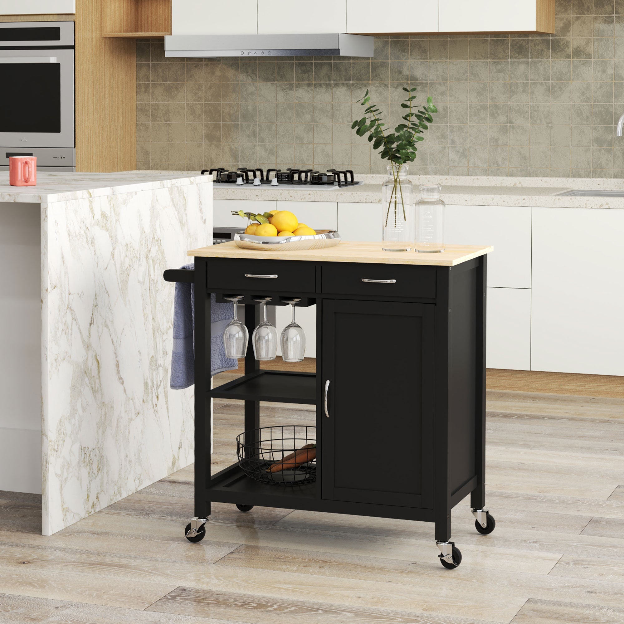 HOMCOM Kitchen Storage Trolley Cart Serving Cart 2 Drawers Wine Glass Rack Towel Rail