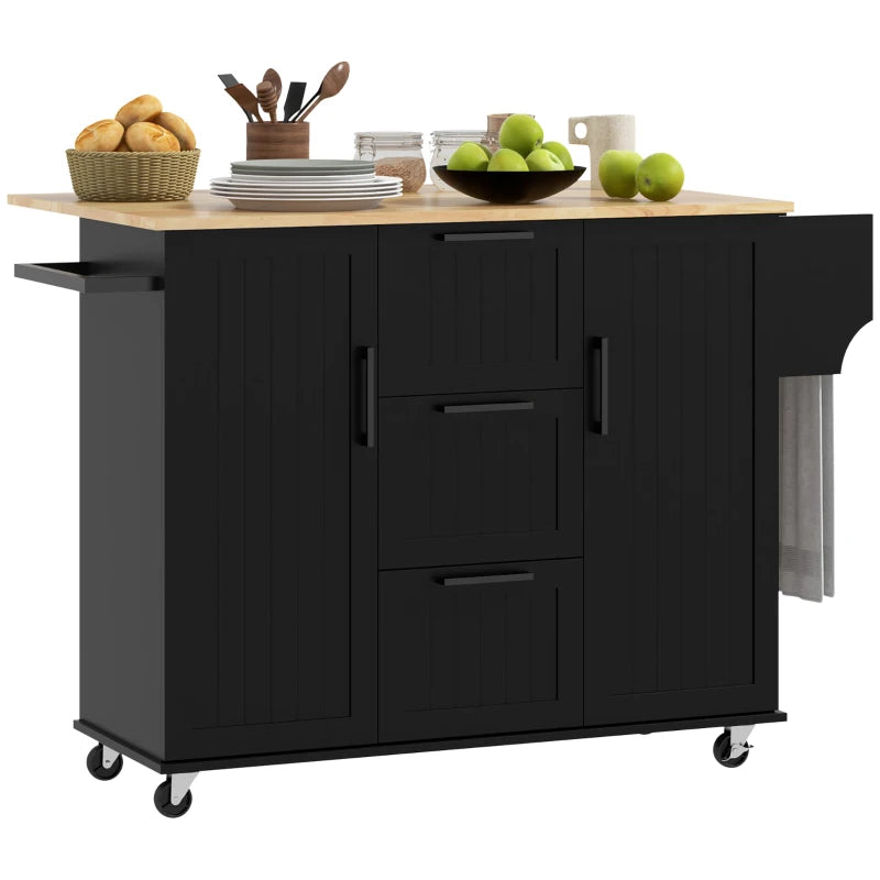 Rolling Kitchen Cart on Wheels with Drop Leaf, Kitchen Island with 3 Drawers, Solid Wood Top and Towel Rack, Black
