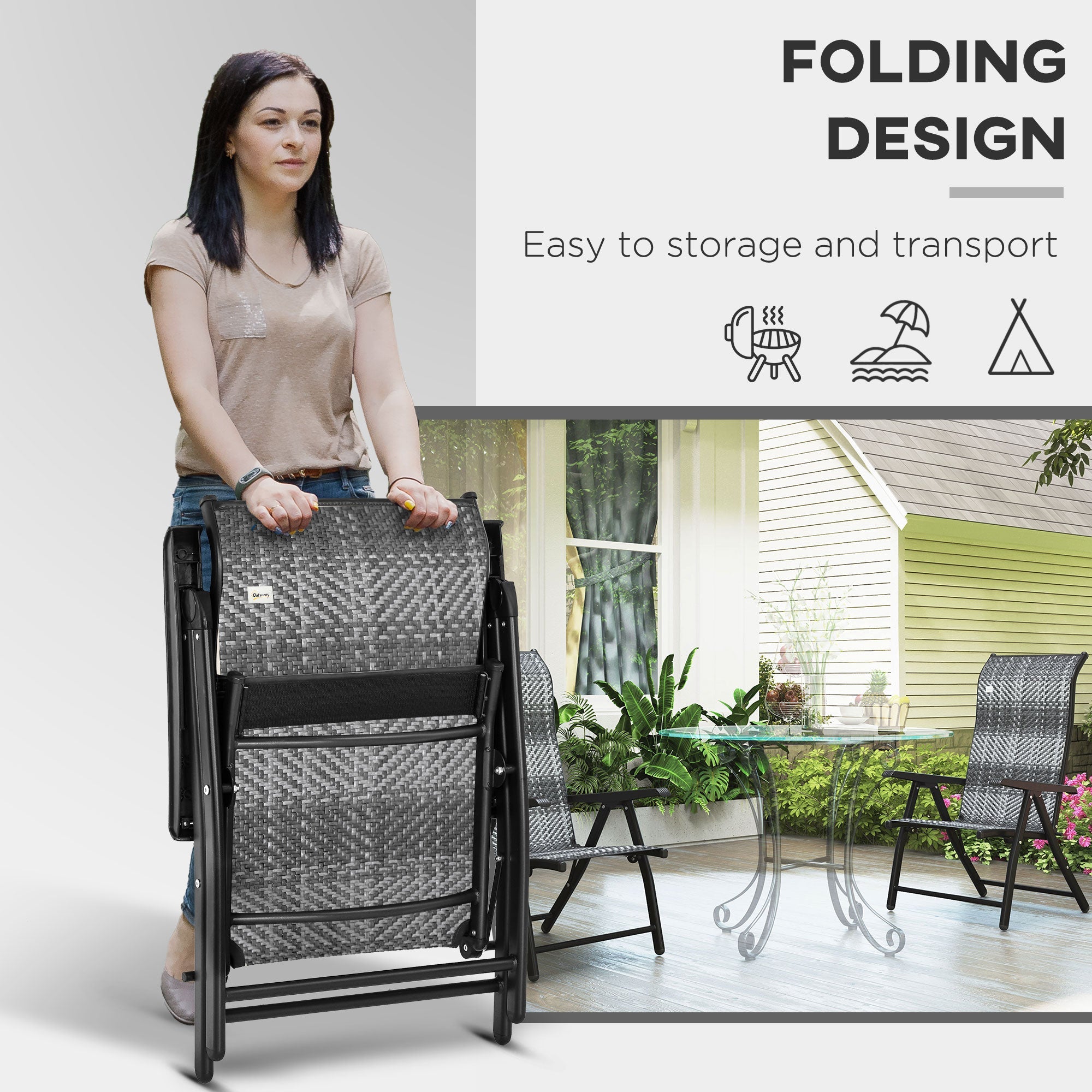 Outsunny 2PCs Outdoor Wicker Folding Chairs with Adjustable Backrest, Mixed Grey