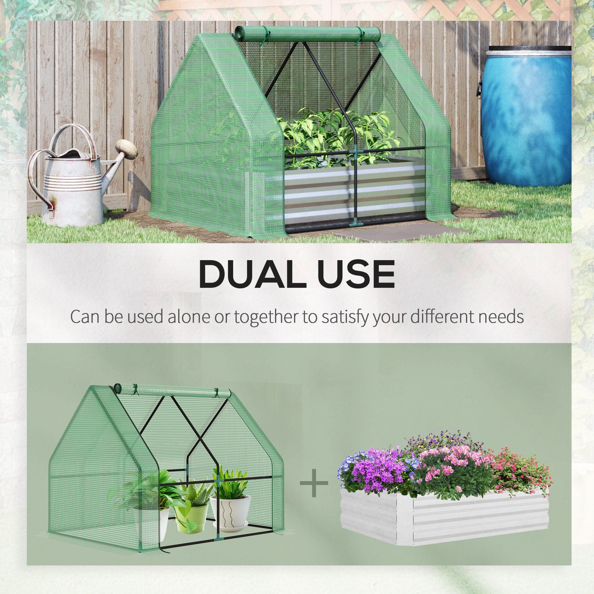 Outsunny Steel Outdoor Greenhouse Raised Garden Bed Planter Box Plastic Cover Roll Up Window Dual Use Flowers