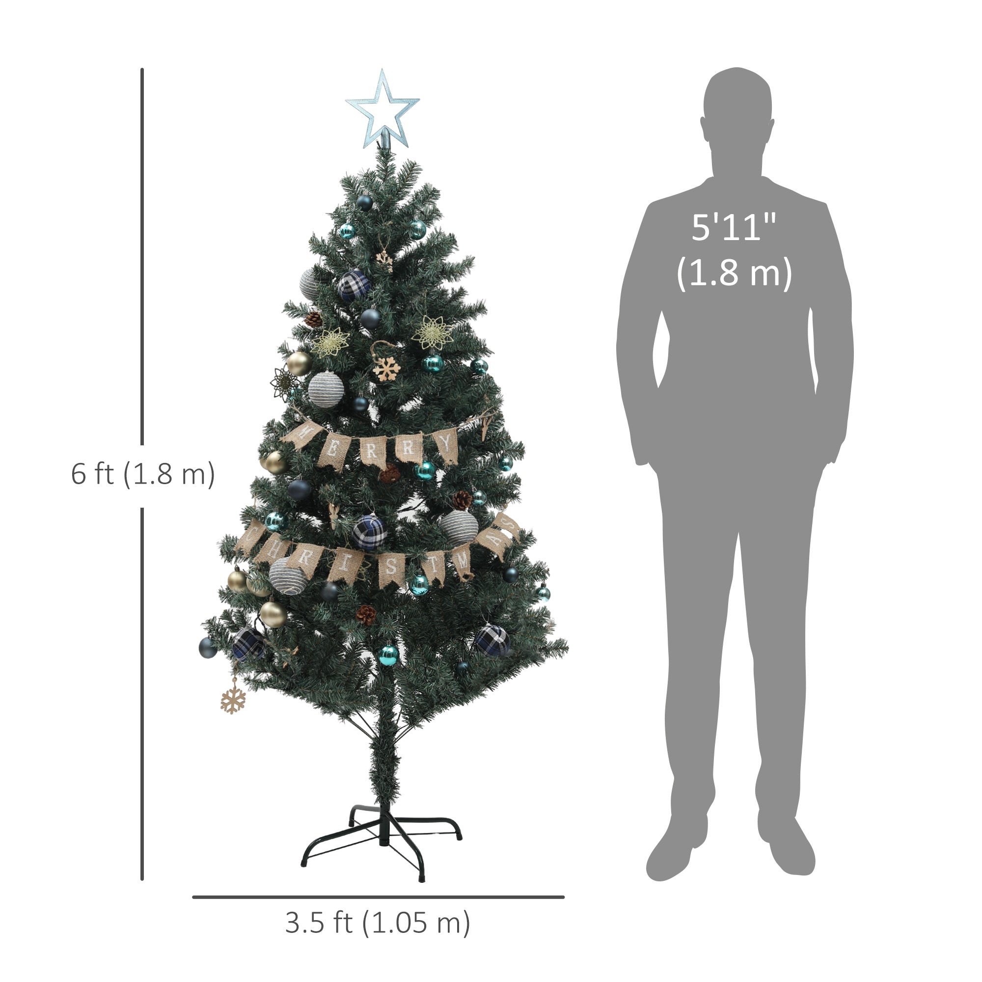 HOMCOM 6ft Artificial Prelit Christmas Tree with 150 Warm White LED Lights, Pre Decorated Xmas Tree for Home Office Holiday