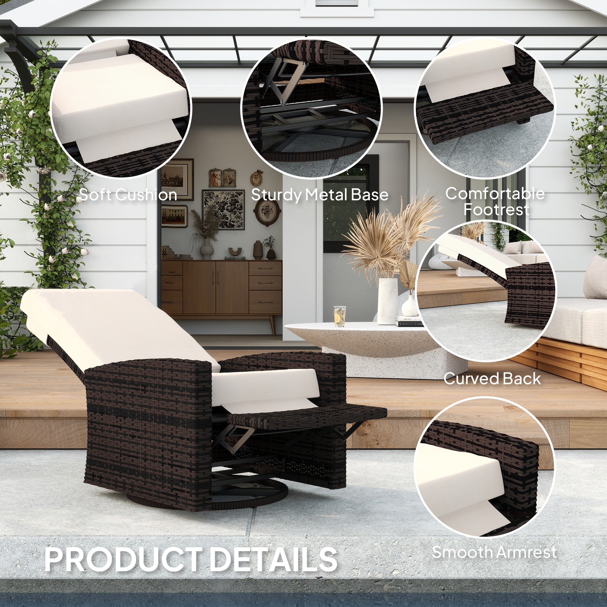 Outsunny Outdoor Rattan Wicker Lounge Chair with Footrest & Soft Cushion for Patio, Garden, Backyard, Khaki